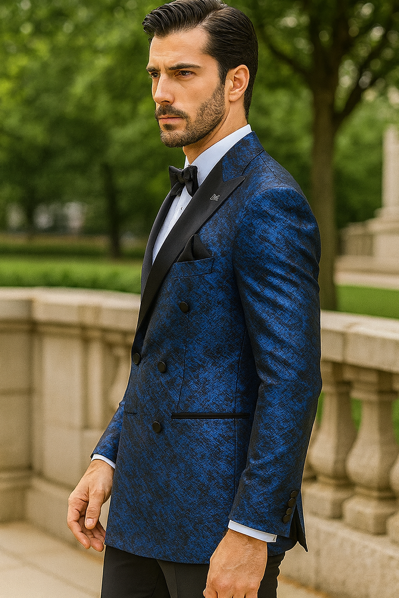 Blue double-breasted jacket with rough streak pattern, satin peak lapel, and smooth fabric. Includes black buttons and pocket detailing.
