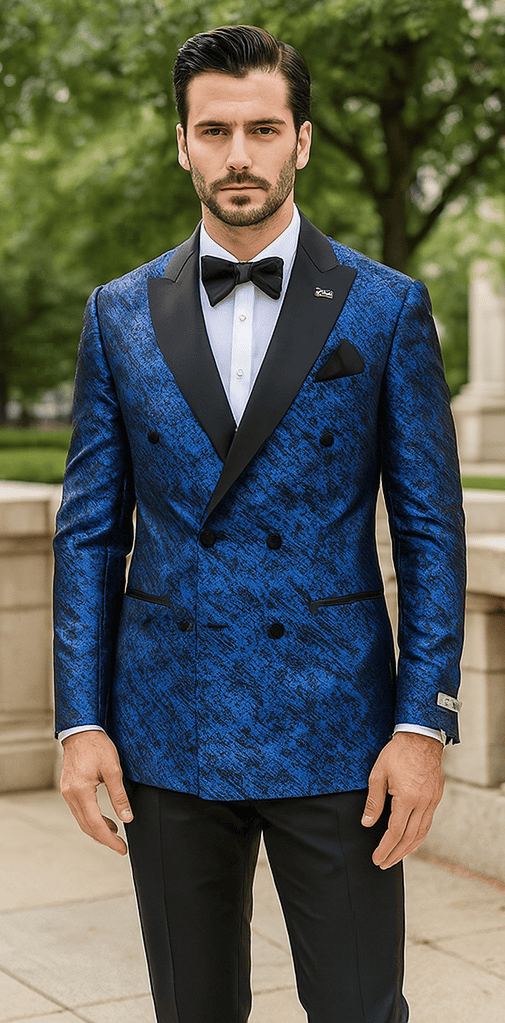 Blue double-breasted jacket with rough streak pattern, satin finish, and peak lapel. Black buttons and contrasting lapel detailing.
