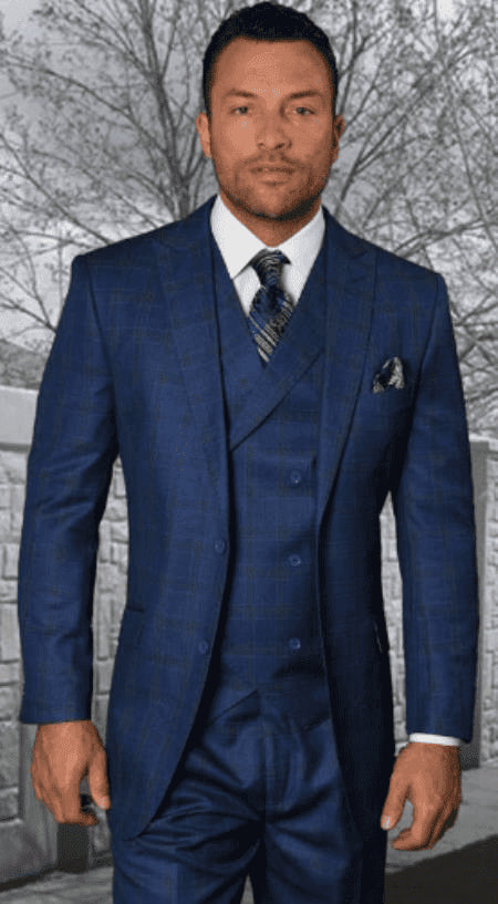 Blue Plaid Suit Big And Tall Plaid Suits - Vested Suit For Big Man Blue - AlbertoNardoniStore