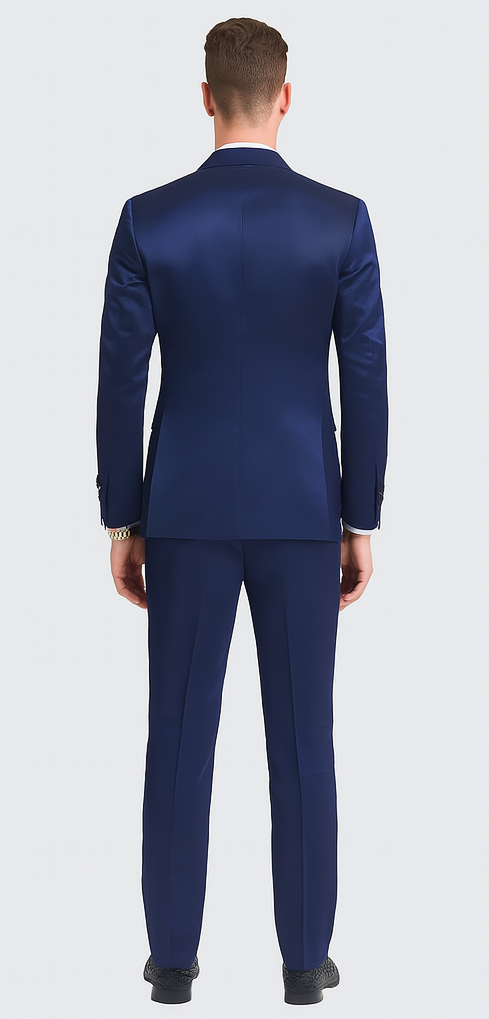 Blue satin slim-fit three-piece suit: double-breasted jacket with peak lapel, fitted pants, and waistcoat. Smooth, shiny finish. Tailored design for a sharp, modern look.
