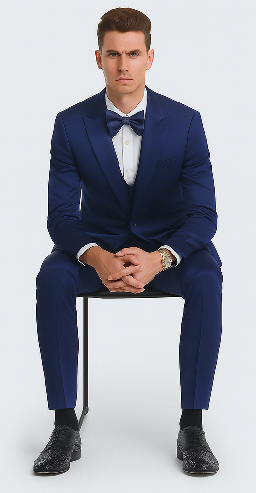 Blue satin, double-breasted, slim-fit three-piece suit. Peak lapels, structured shoulders, slim trousers. Includes matching bow tie. Paired with black shoes.
