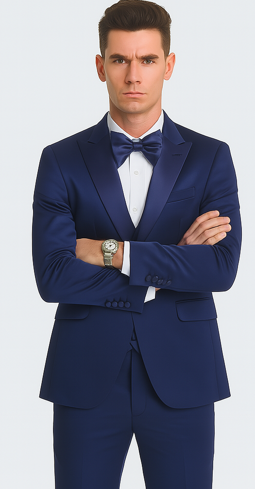 Elegant blue satin three-piece suit. Slim fit, double-breasted jacket with peak lapels, structured shoulders, and matching trousers/waistcoat. Smooth, lustrous fabric. Matching color buttons. Tailored silhouette.
