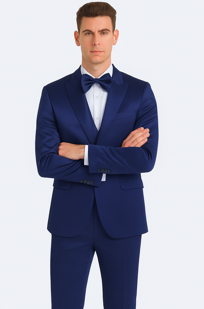 Blue satin 3-piece slim fit men's suit. Double-breasted jacket with peak lapel, matching trousers, and waistcoat. Structured shoulders, smooth finish, tailored for a sharp, modern look.