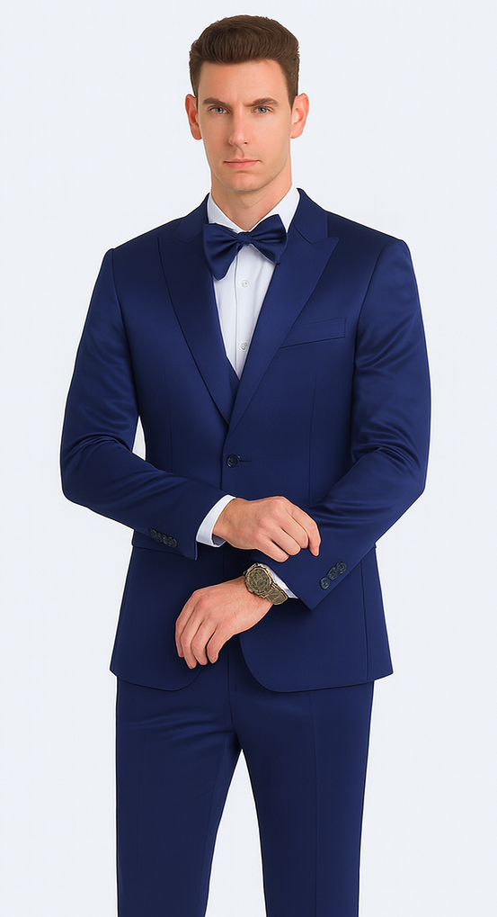 Blue satin Tazzio men's 3-piece suit. Slim fit, double-breasted with peak lapel. Structured jacket & matching trousers. Smooth, glossy fabric finish.