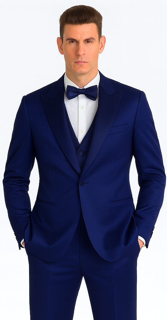 Blue satin three-piece slim fit suit. Double-breasted blazer with peak lapel & pockets. Matching vest & trousers. Solid color, smooth texture.

