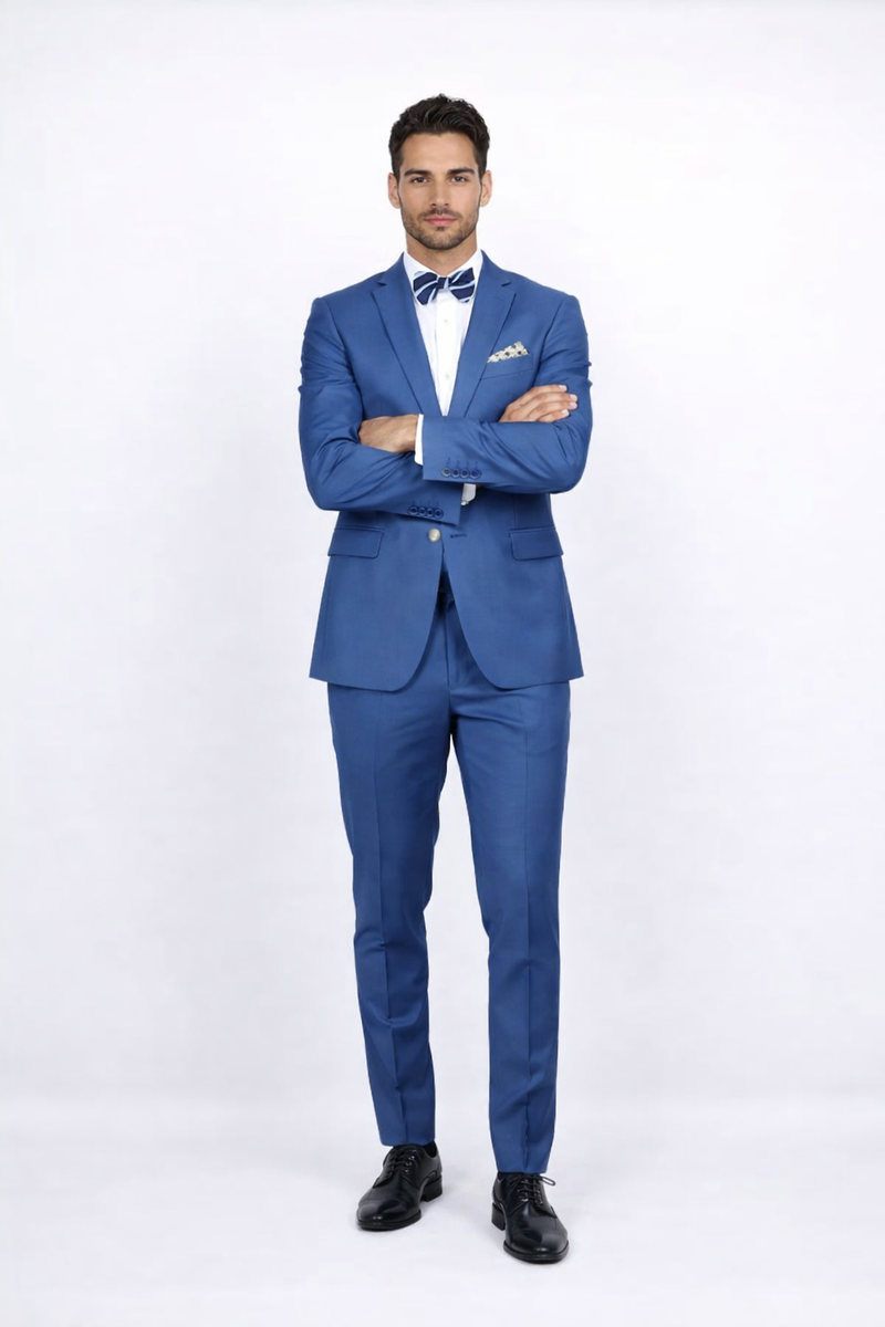 Blue Slim Fit Mens Suit by Rossiman Rossi - Skinny Style with 1-Button Jacket