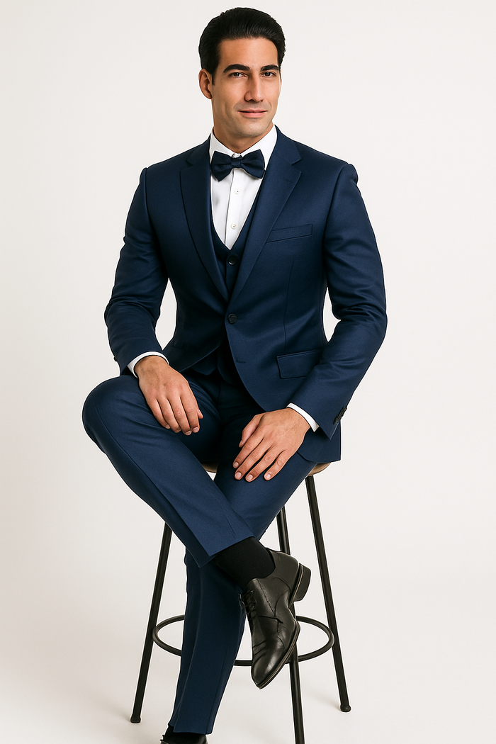 Blue Majesty tuxedo: 4-piece formal set. Fitted blue jacket, vest, & trousers. Features classic lapel, single-button closure, and pockets. Includes a white dress shirt and black bow tie. Paired with black dress shoes.