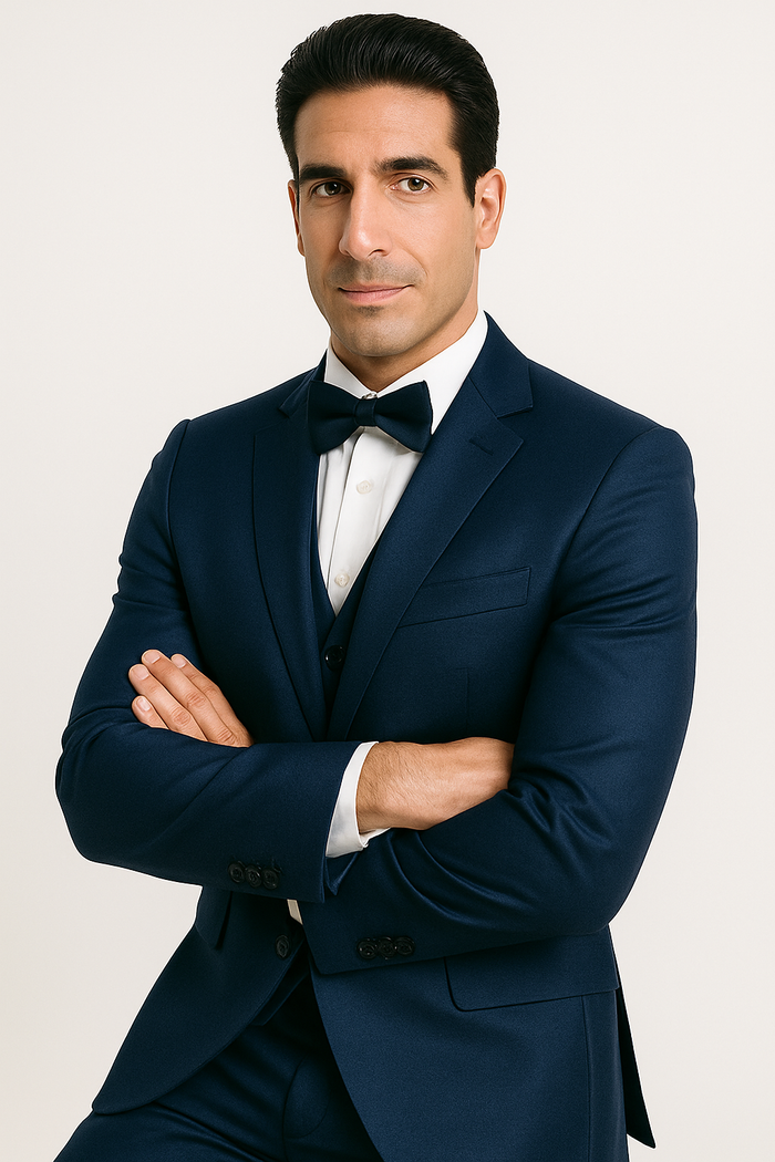 Navy blue tuxedo set: fitted jacket, waistcoat, trousers, and bow tie. Made from smooth, high-quality fabric. Features a single-breasted jacket with notch lapel and straight-leg trousers. White cuffs add contrast.
