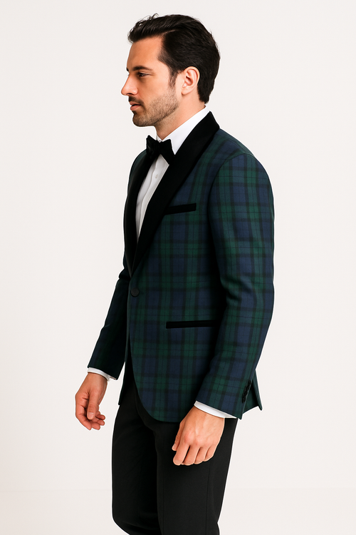 Green Tartan Tuxedo Dinner Jacket - Green and Blue Plaid Blazer - Checkered Sportcoat