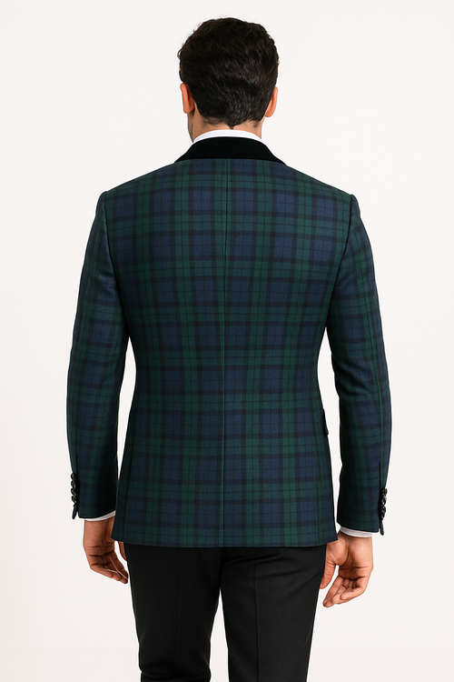 Green Tartan Tuxedo Dinner Jacket - Green and Blue Plaid Blazer - Checkered Sportcoat
