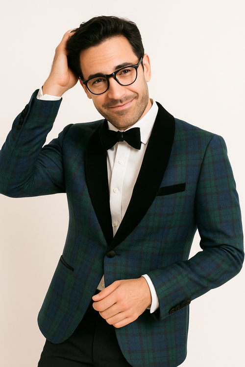Green Tartan Tuxedo Dinner Jacket - Green and Blue Plaid Blazer - Checkered Sportcoat