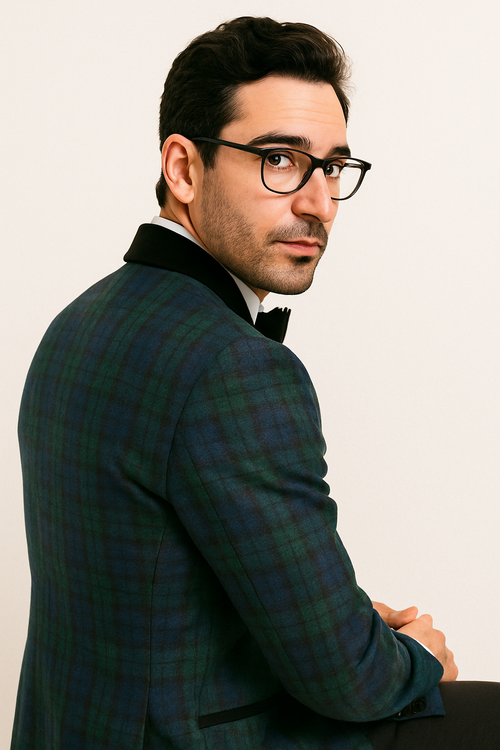 Green Tartan Tuxedo Dinner Jacket - Green and Blue Plaid Blazer - Checkered Sportcoat