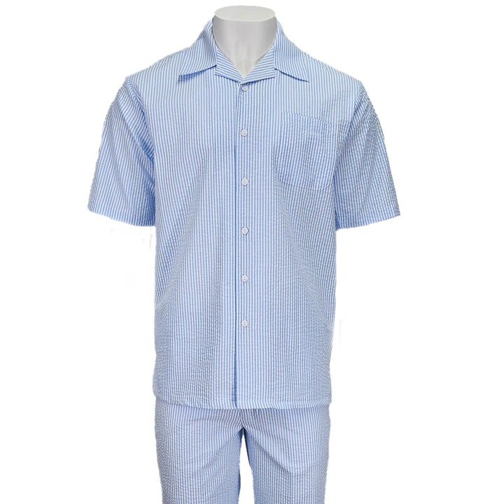 Blue seersucker 2pc set: short-sleeved button-up shirt with chest pocket & matching trousers. Lightweight, textured stripe pattern in varying blue shades.