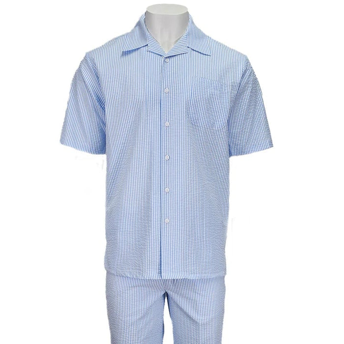 Blue seersucker 2pc set: short-sleeved button-up shirt with chest pocket & matching trousers. Lightweight, textured stripe pattern in varying blue shades.