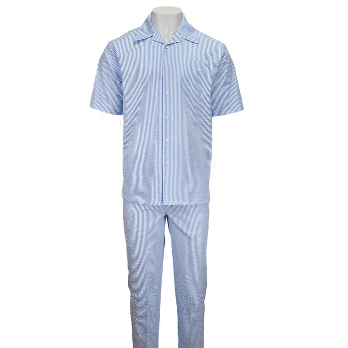 Alberto Nardoni blue seersucker 2-piece set. Short-sleeve button-up shirt with collar and matching pants, both with relaxed fit. Light blue and white striped pattern, shirt with pocket. Lightweight, textured fabric.