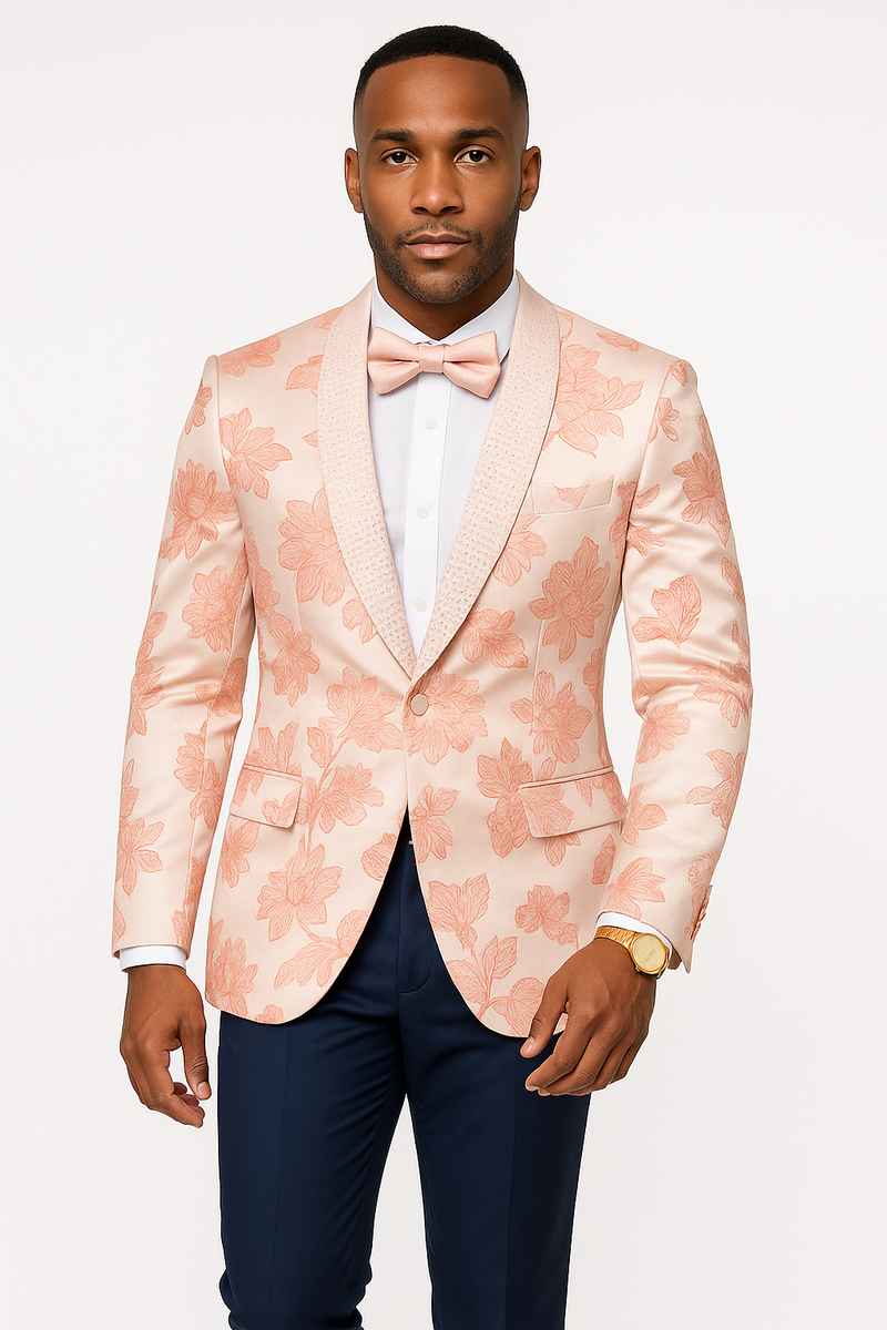 Mens Paisley Jeweled Shawl Prom 2026 Tuxedo in Blush Pink