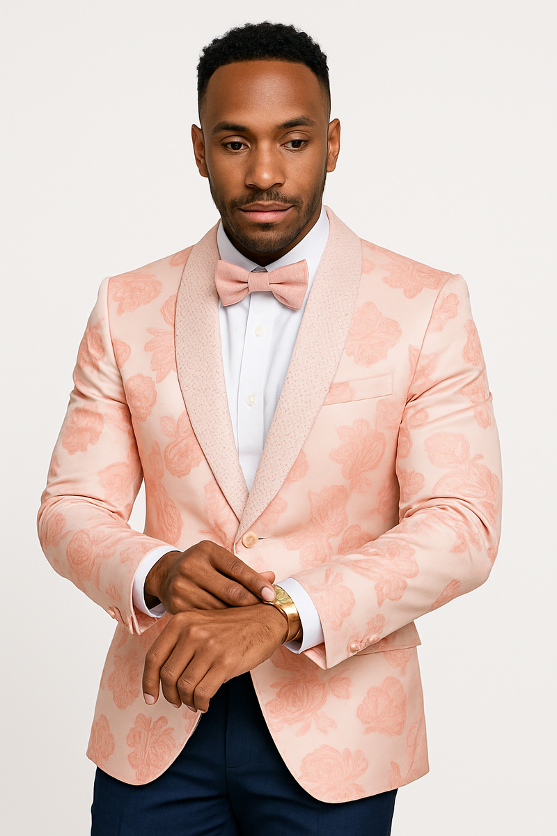 Mens Paisley Jeweled Shawl Prom 2026 Tuxedo in Blush Pink