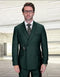 This is a modern fit, double-breasted suit made from 100% wool. It features a dark green color and a distinctive metal buckle on the left side. The jacket has a structured shape with a notched lapel, while the trousers complement the jacket in color and fit.