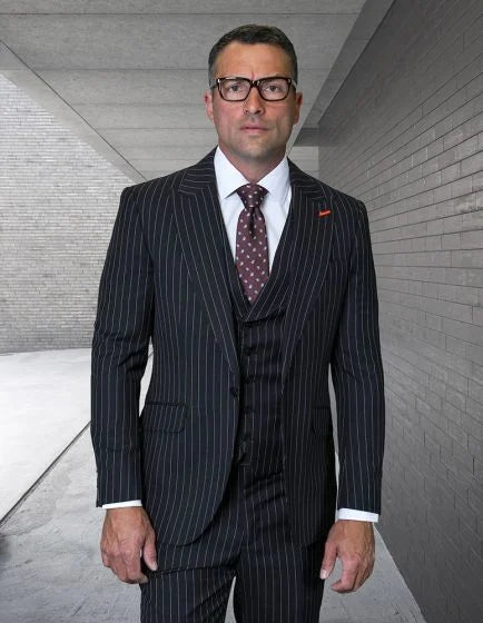Statement Men's 100% Wool Pinstripe 3 Piece Suit - Peak Lapel