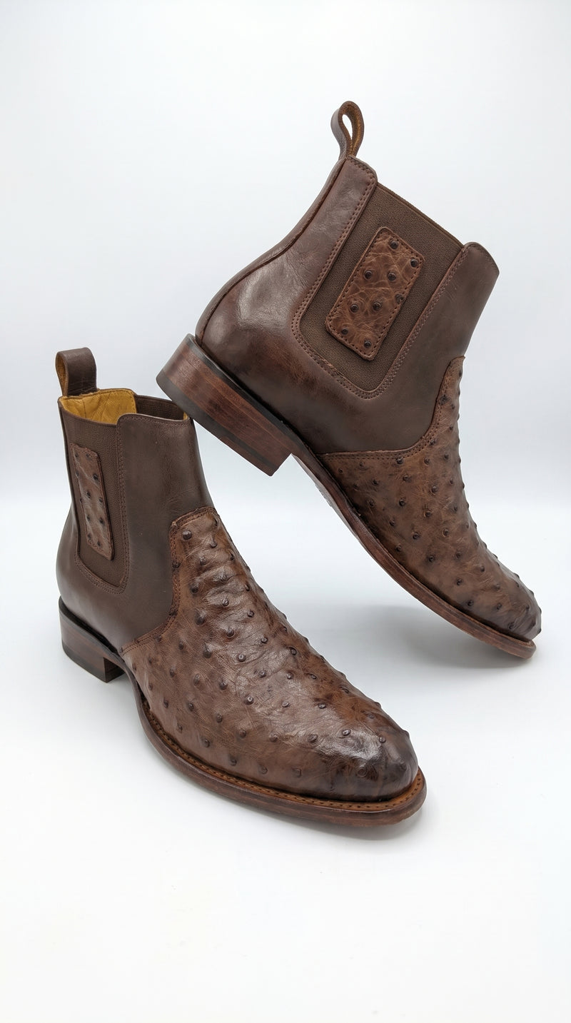 Botas de Avestruz Para Hombre Western Boots – Men’s Brown Ostrich Style Leather Chelsea Cowboy Ankle Boots