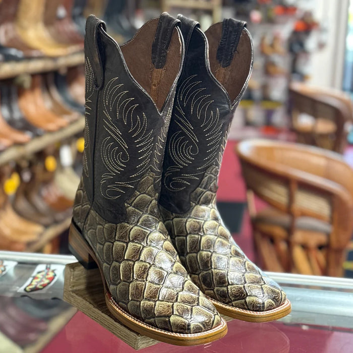 Men's White Diamonds Boots Fish Print Boots Square Toe