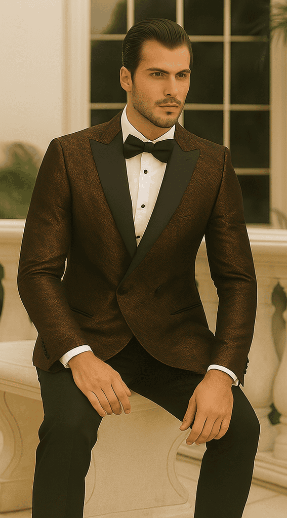 Bronze double-breasted jacket with rough streak pattern, satin peak lapels, and tailored fit. Features structured shoulders and smooth texture.
