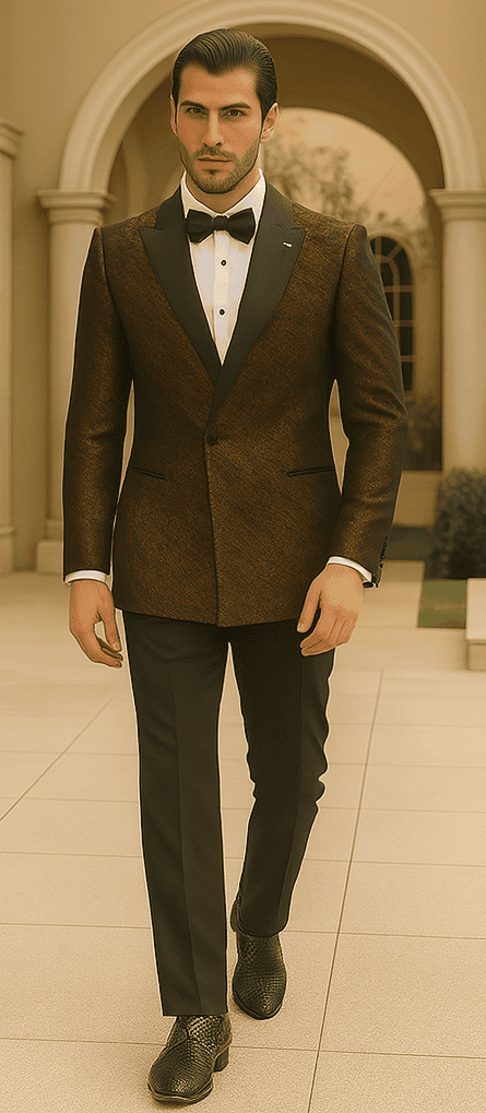 Bronze double-breasted jacket. Satin peak lapel. Rough streak pattern. Tailored fit, structured shape. Visible button detailing.
