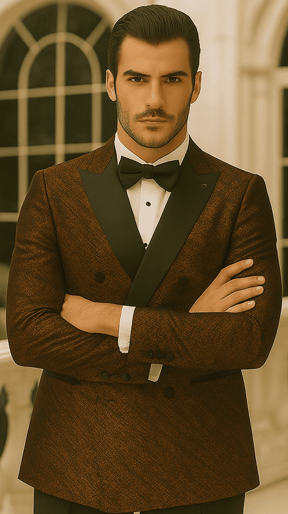 Bronze double-breasted jacket by Stacy Adams. Rough streak pattern, satin peak lapel, and black buttons. Tailored fit.
