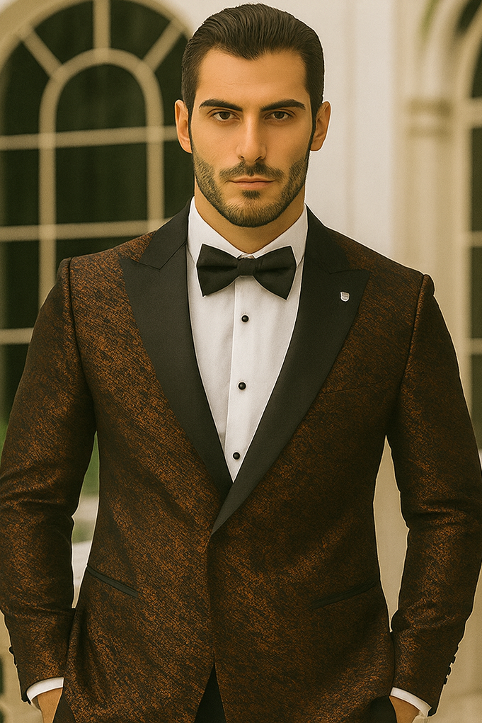 Bronze double-breasted jacket with rough streak pattern, satin peak lapels. Paired with a white shirt and black bow tie. Textured fabric.
