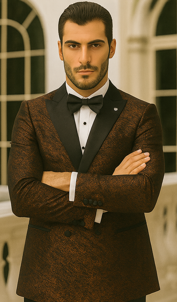 Bronze double-breasted jacket by Stacy Adams. Rough streak pattern, satin finish, peak lapel. Black buttons, structured shoulders. Sophisticated and stylish.
