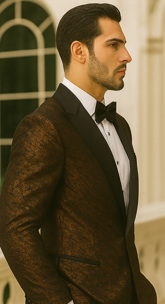 Bronze double-breasted jacket with rough streak pattern, satin finish, and peak lapels. Tailored fit, contrasting black details.
