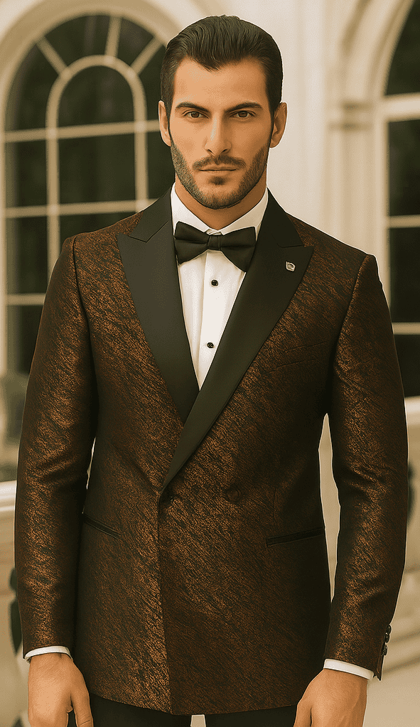 Bronze double-breasted jacket with rough streak pattern, satin peak lapels, and textured sheen. Fitted silhouette, classic formal cut.
