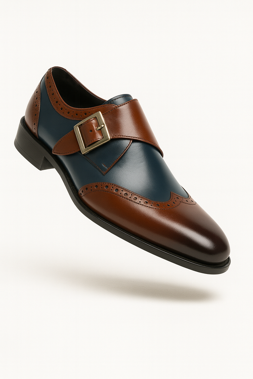 Mens Leather Wingtip Monk Strap Dress Shoe in Brown & Navy