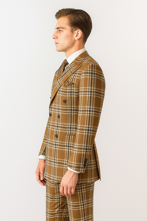 "Men's Double Breasted Wool Suit, Three Quarter Length, Tan & Brown Windowpane Plaid"