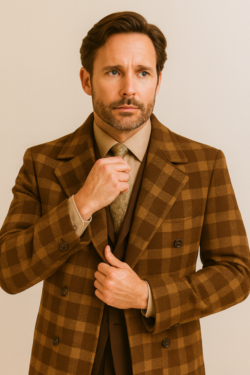 "Men's Double Breasted Wool Overcoat - Full Length, Belted, Brown Windowpane"