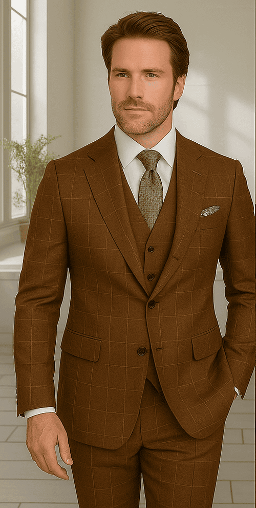 Wool Suit - Italian Made Business Suit by Statement Men's 3 Piece 100% Wool Modern Fit Suit - V-Neck Double Breasted Vest