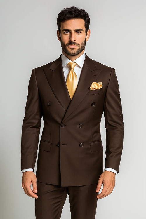 Brown double-breasted suit jacket (100% wool) with classic fit, notched lapel, and two front pockets. Includes matching brown trousers.