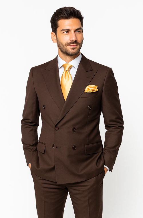 Brown double-breasted suit. Blazer: notched lapels, two pockets, 100% wool. Pants: baggy, pleated, wide-leg.