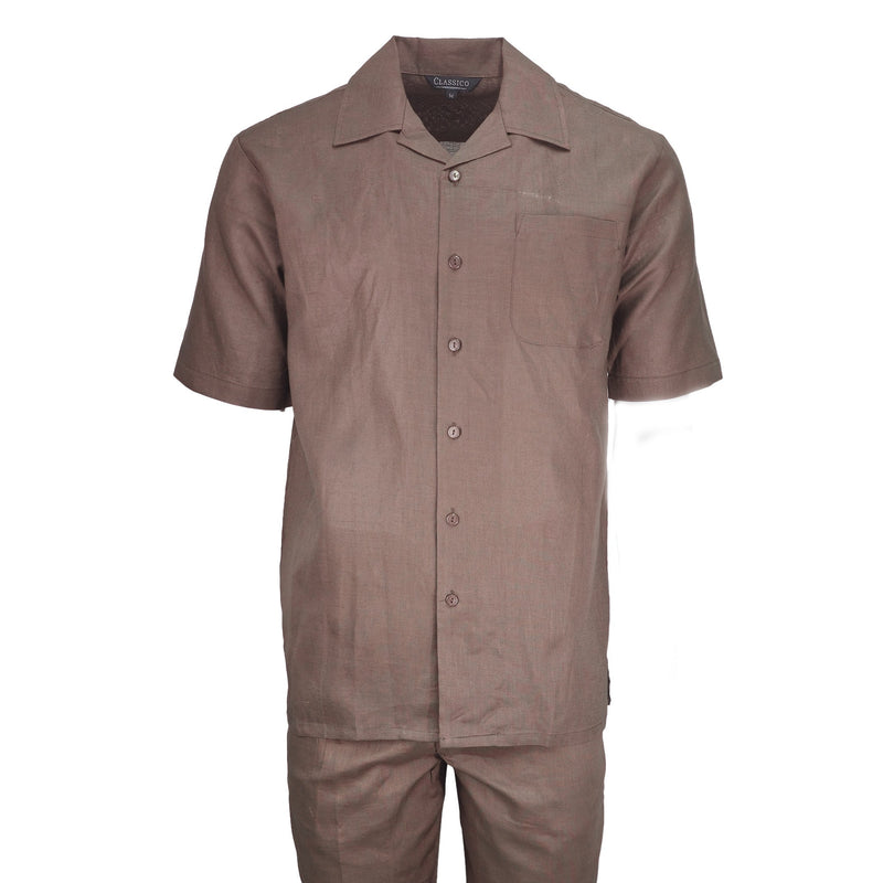 Mens Brown Linen Shirt and Pants Casual Outfit Set