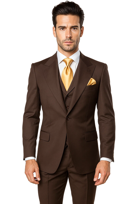 Brown three-piece suit (1-button jacket, classic fit) with baggy pleated wide-leg pants. Made of 100% wool. Includes white dress shirt and gold tie.