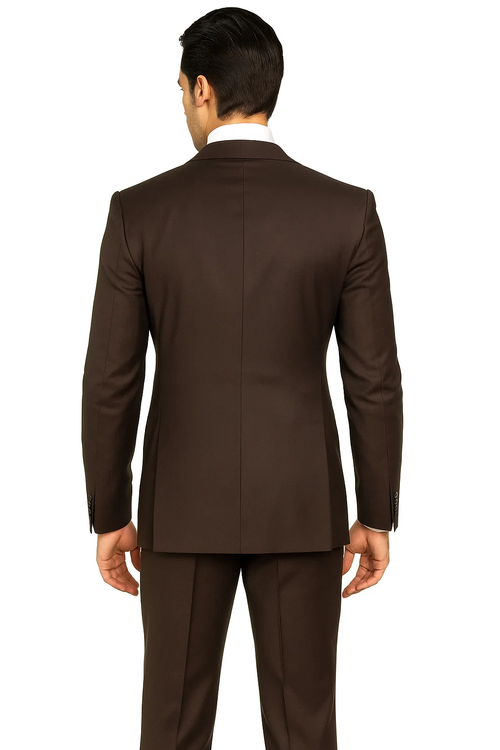 Brown classic-fit three-piece suit. 100% wool jacket with a single-button closure and clean back design.