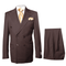 Brown double-breasted wool suit: jacket with distinct lapels, two pockets. Baggy pleated wide-leg pants, straight fit, cuffed hems. 
