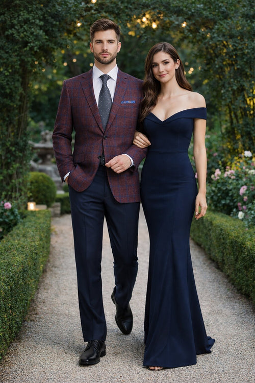 Sacos Para Hombre - Sacos Vaqueros Mens Slim Fit Two Button Wool Sport Coat Blazer in Burgundy & Blue Windowpane Plaid