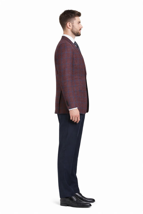 Sacos Para Hombre - Sacos Vaqueros Mens Slim Fit Two Button Wool Sport Coat Blazer in Burgundy & Blue Windowpane Plaid