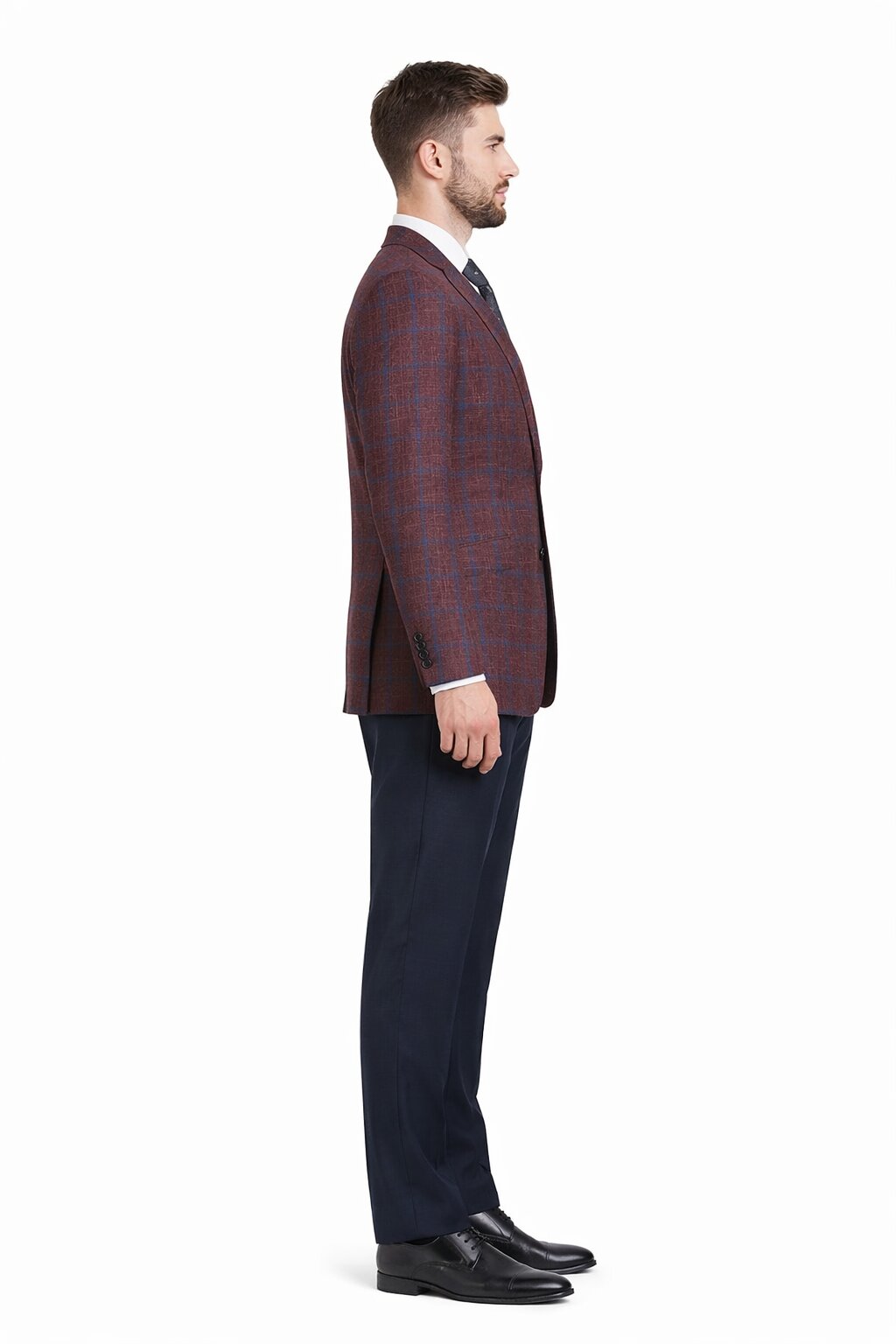 Sacos Para Hombre - Sacos Vaqueros Mens Slim Fit Two Button Wool Sport Coat Blazer in Burgundy & Blue Windowpane Plaid