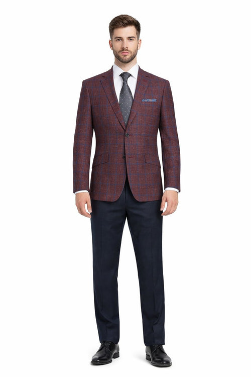 Sacos Para Hombre - Sacos Vaqueros Mens Slim Fit Two Button Wool Sport Coat Blazer in Burgundy & Blue Windowpane Plaid