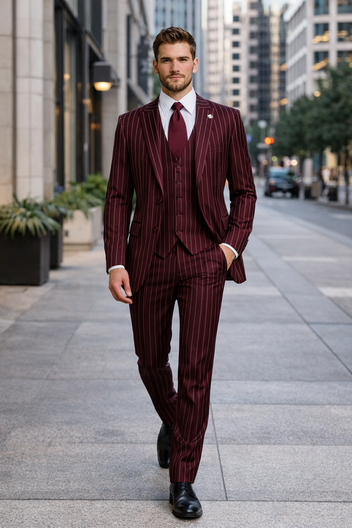 Mens 2 Button Vested 3 Piece Gangster Bold Pinstripe Suit  Burgundy