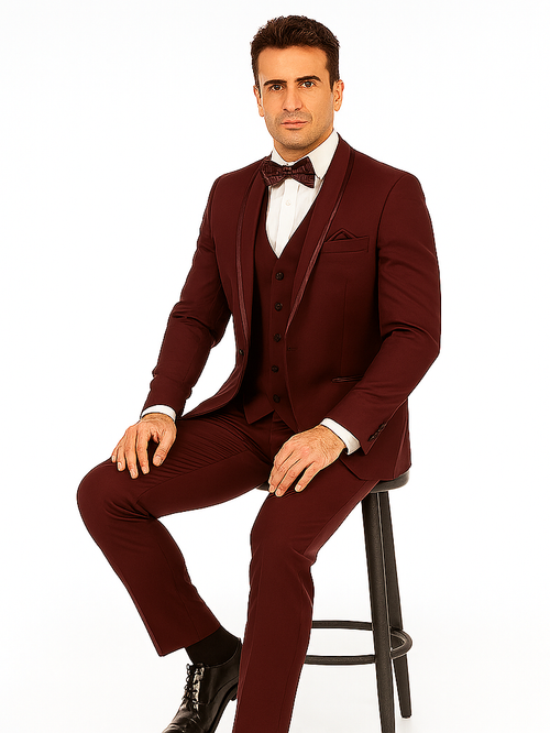 Burgundy Groom Wool Tuxedo