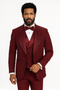 Burgundy Italian wool 3-piece tuxedo. Modern fit, single-breasted blazer, matching vest, tailored trousers. Subtle texture. Includes white shirt & bow tie styling.