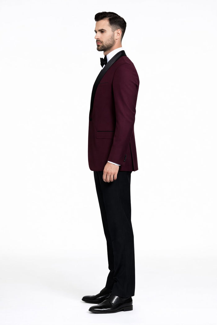 Mens 1 Button Shawl Lapel Wool Dinner  Classic Jacket  Burgundy